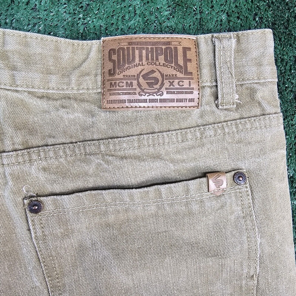 VINTAGE Southpole Jeans Mens 38x29 Khaki Denim Faded Y2K Logo Urban Skater Baggy - Picture 7 of 9